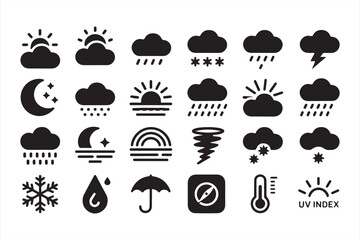 Naklejka premium Weather Forecast Icon Set - Simple Black and White Illustrations of Common Weather Conditions
