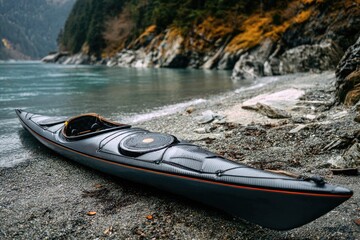 Gray kayak on a pebble beach, nestled by a rocky shore