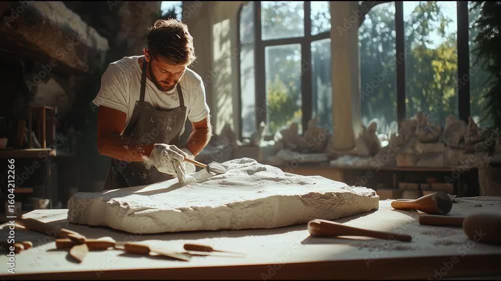 Aufkleber sculptor shaping a large stone block in a bright workshop with natural light streaming through windo