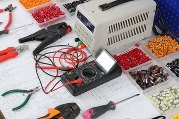 Electrical Installation Tools and Materials for Electrical Switchboard Assembly. 