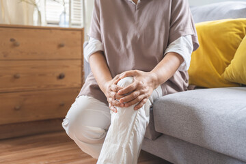 Body arthritis muscles stiff problem, aged woman suffering on leg, pain knee from disease chronic,...