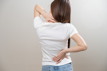 Pain body muscles stiff problem, asian young woman, girl painful with back, neck ache from work...