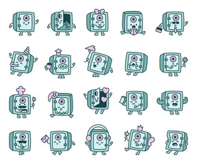 Safe cute kawaii character set featuring adorable cartoon vaults with expressive faces, fun props, and charming emotions for your illustration and creative designs projects