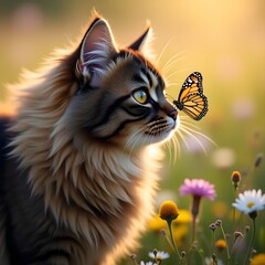 Majestic long haired cat curiously observes a vibrant butterfly in a sunlit meadow