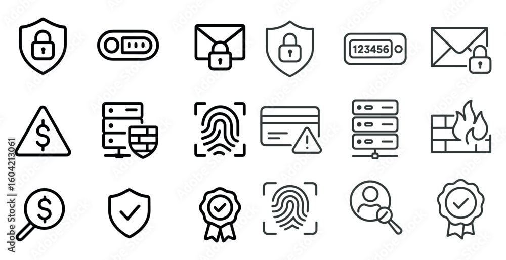Poster cybersecurity outline icons set – firewall, encryption, secure data visuals