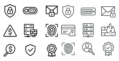 Cybersecurity outline icons set – firewall, encryption, secure data visuals