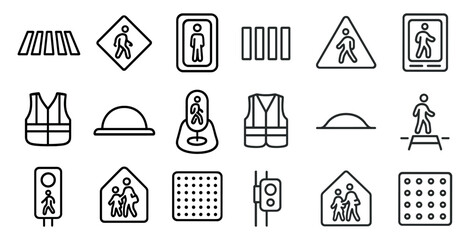 Pedestrian and safety outline icons set – linear, road, traffic symbols