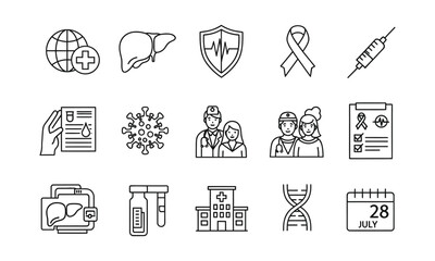 World Hepatitis Day line icon collection. Vector symbols representing liver disease, virus, healthcare, diagnosis, and prevention for medical awareness campaigns.