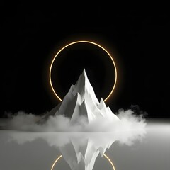 Abstract white mountain peak emerges from clouds with golden ring and reflection
