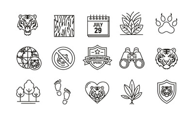 International Tiger Day line icon set. Wildlife conservation symbols including a tiger head, paw print, jungle habitat, and protection signs.