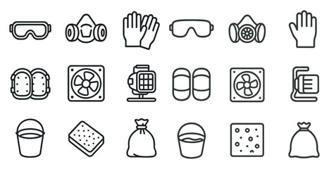 Industrial safety outline icons set &ndash; linear, line, safety equipment and hazard signs