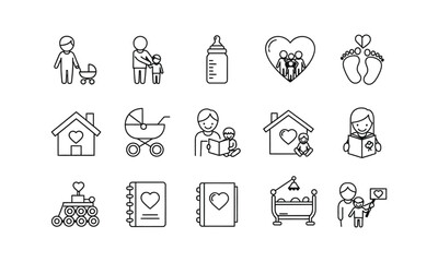 Fototapeta premium Family life and parenting thin line icon collection. Vector symbols for baby care, childhood, love, and home activities.