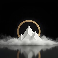 Abstract white mountain peak with golden ring and smoke on reflective surface