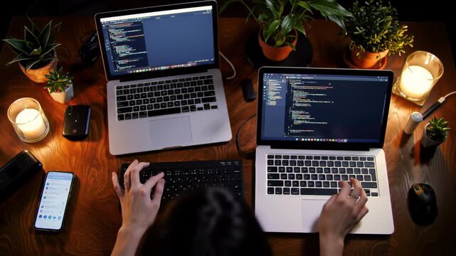 Two open laptops display coding on a rustic wooden desk Warm candlelight illuminates focused hands hovering over a keyboard creating a cozy productive workspace