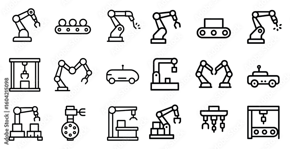 Poster robotics and automation line icons set – outline, linear, machinery and tech symbols