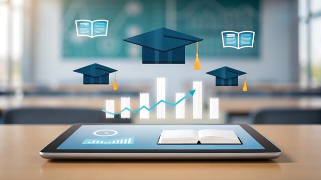 Tablet displaying educational icons and charts graduation caps