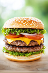 A large hamburger with lettuce and tomato on top