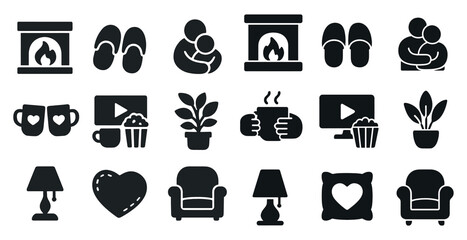 Home and relaxation silhouette icons set – cozy, filled, leisure and comfort symbols