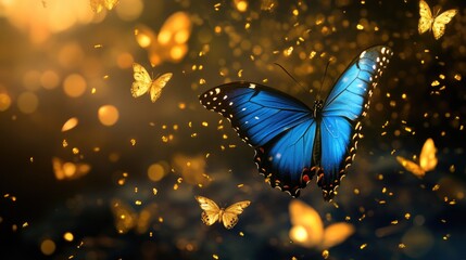 Blue butterfly amidst golden lights
