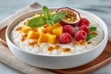 A bowl of white food with raspberries and mangoes on top