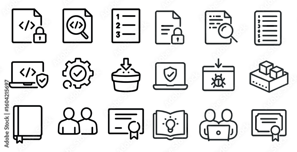 Poster web and development line icons set – coding, outline, programming symbols