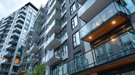 Apartment glass rail balconies, modern city housing design, clean building detail scene, stylish urban living concept