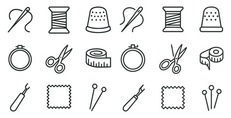 Sewing tools icons set – outline, linear, stitching and needlework symbols