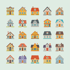Collection of diverse flat design houses and homes in various styles