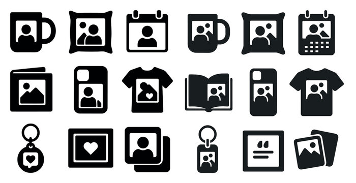 Personalized gifts icons set – filled, solid, customization and present symbols