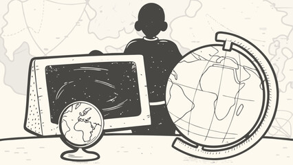 Illustration of a person standing behind a desk with globes and a computer screen displayed silhouette