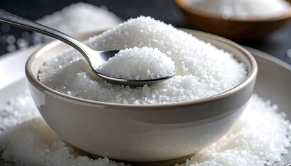White granulated sugar in a bowl, spoon