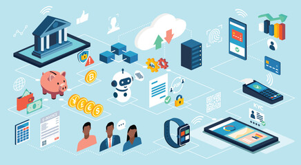 Modern financial technology concept with digital banking, cloud computing, blockchain, contactless payments, smart devices, AI automation, cryptocurrency and personal finance, flat vector illustration