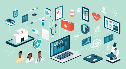 Modern healthcare technology concept with digital health record, telemedicine, AI diagnostics, medical equipment, hospital system integration, and patient monitoring, flat vector illustration