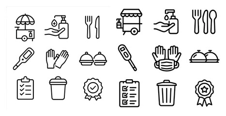 Food and hygiene outline icons set – linear, flat, catering and safety symbols