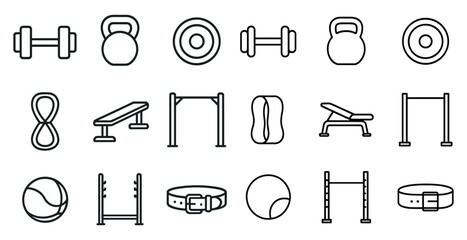 Fitness and gym outline icons set – line, silhouette, exercise and workout symbols