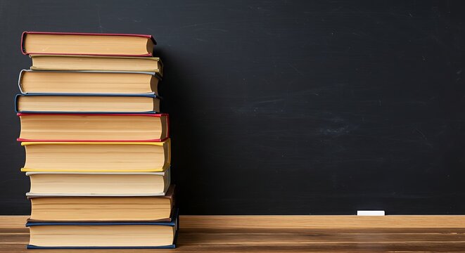 Bookshelf Decor with Stacked Books and Chalkboard Backdrop