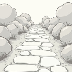Garden path stones leading through bushes in monochrome style  
