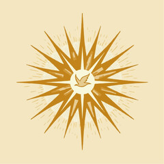 Golden sunburst with dove symbolizing holy spirit seven rays  