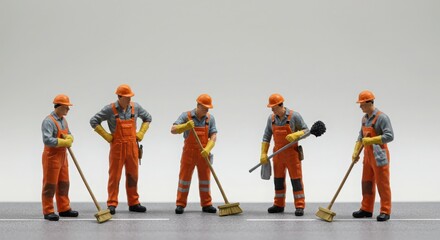 Five miniature construction workers in orange overalls and helmets with cleaning tools on a gray background