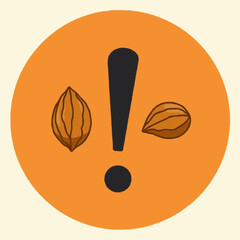Hypoallergenic sign with brown nuts and exclamation mark in vector style  