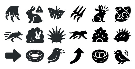 Nature and wildlife silhouette icons set &ndash; solid, filled, animal and outdoor symbols