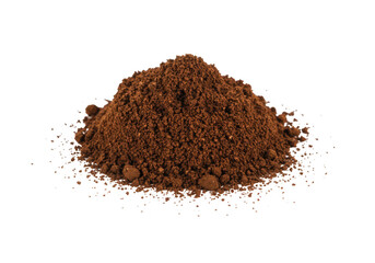 A pile of ground coffee isolated on transparent background shows the rich brown color and texture