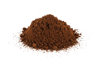 A pile of ground coffee isolated on transparent background shows the rich brown color and texture