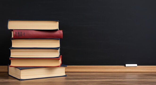 Stack of Books with Red and Blue Spines on Wooden Table