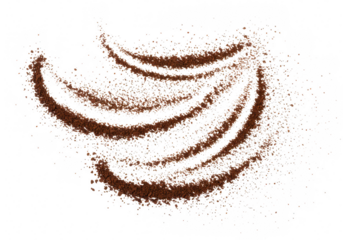 A crescent moon shape is formed by scattered ground coffee, isolated on transparent background