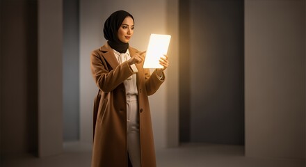 Illuminated Ideas: A Woman in a Brown Coat Using a Bright Tablet