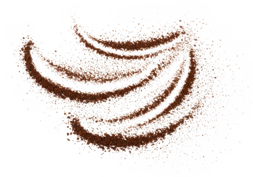 A crescent moon shape is formed by scattered ground coffee, isolated on transparent background