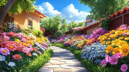 Colorful flower garden path lined with vibrant blooms.