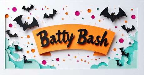 Naklejka premium Festive Halloween design features Batty Bash text, bats, confetti. Teal paper cutouts add depth, creating playful spooky vibe.