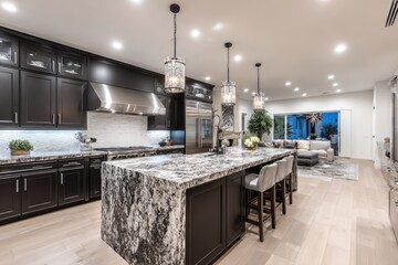 Open-plan modern kitchen with dark cabinetry, granite island, and hardwood floors